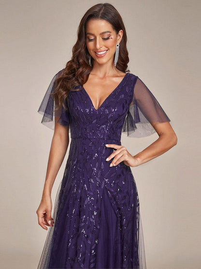 Robe Longue de Soirée Éclatante à Volants et Col en V Romantique