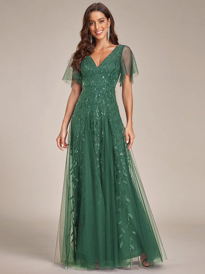 Robe Longue de Soirée Éclatante à Volants et Col en V Romantique
