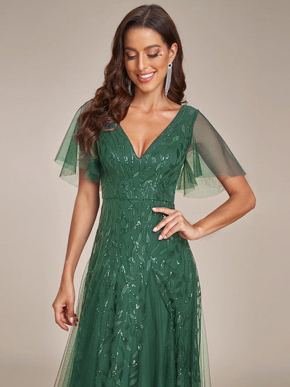 Robe Longue de Soirée Éclatante à Volants et Col en V Romantique