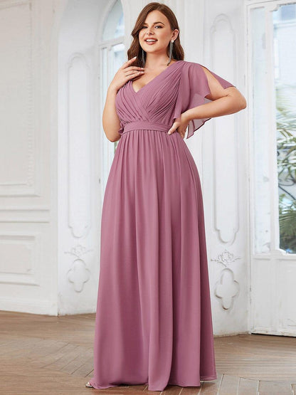 ever LEORA|V-Neck Flutter Sleeve Floor-Length A-Line Chiffon Evening Dress