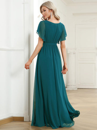 ever LEORA|V-Neck Flutter Sleeve Floor-Length A-Line Chiffon Evening Dress