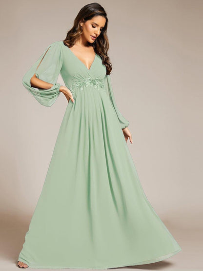 ever AMOUR|Lantern Long Slit Sleeve Deep V Applique Maxi Evening Dress
