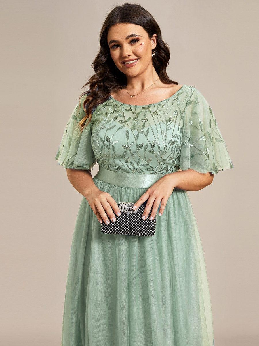 Robe longue de cérémonie à manches courtes avec broderie