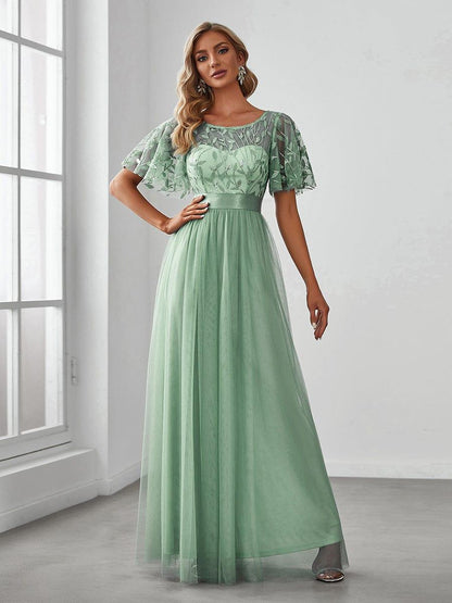 ever SAPHIR|Women's A-Line Short Sleeve Embroidery Floor Length Wedding Guest Dresses