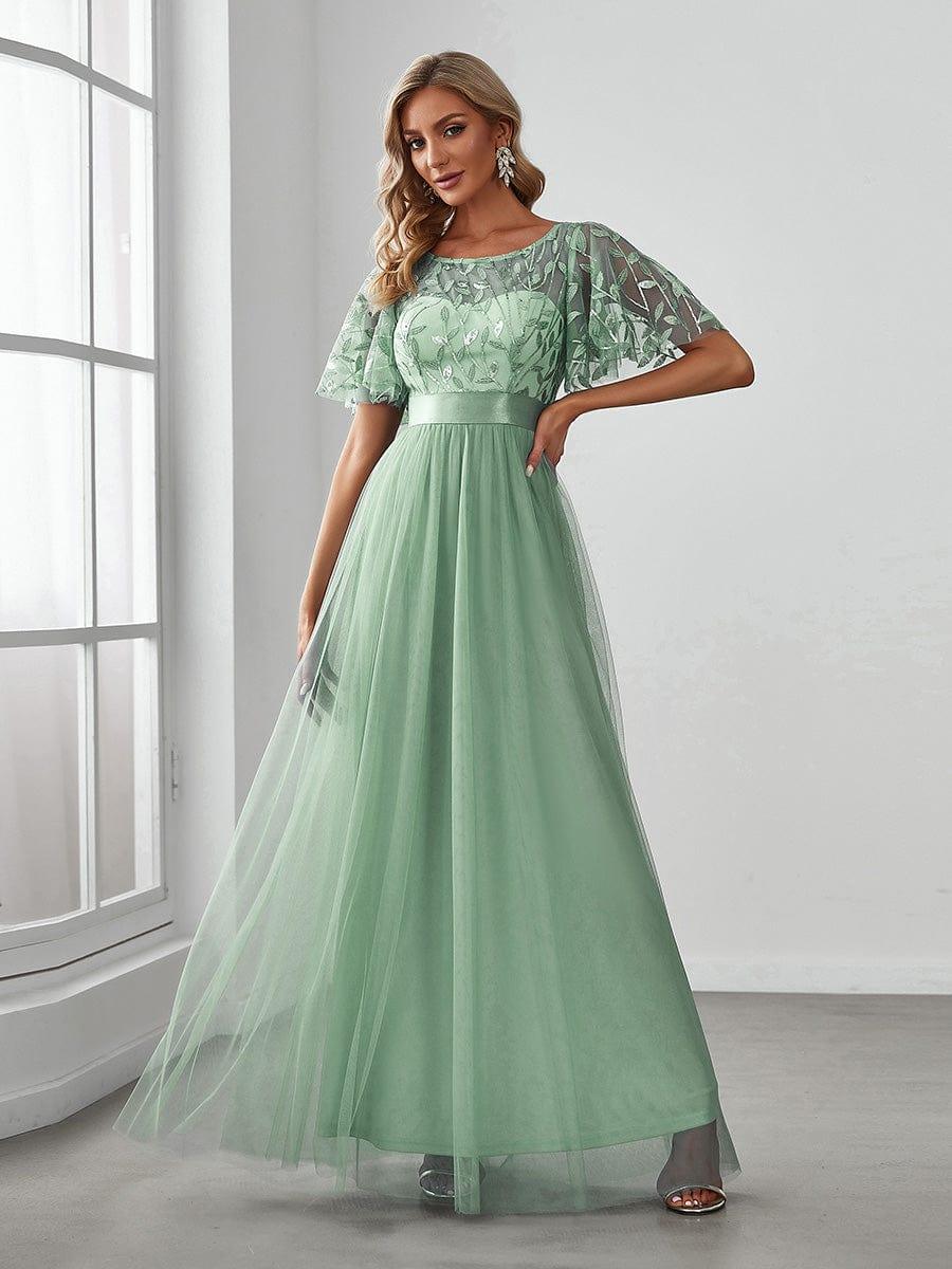 Robe longue de cérémonie à manches courtes avec broderie