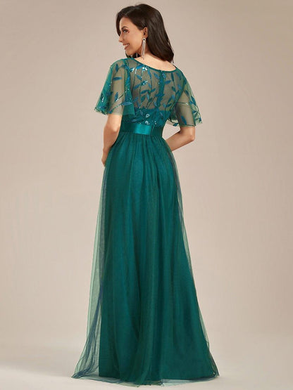 Robe longue de cérémonie à manches courtes avec broderie