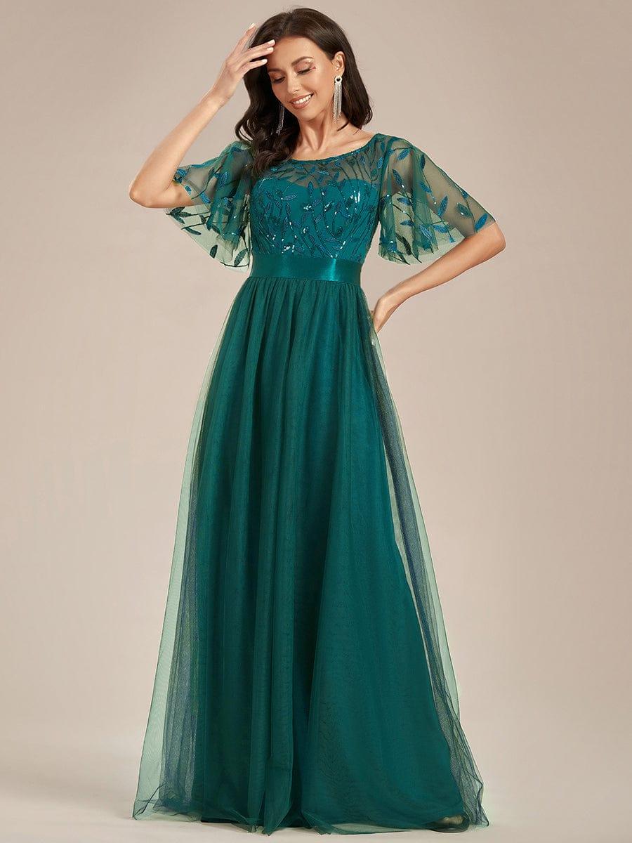 Robe longue de cérémonie à manches courtes avec broderie