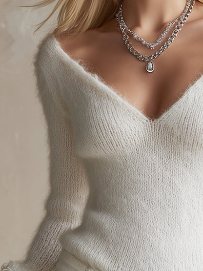 Stylish And Versatile Wool Cuffs White V-neck Slim-fit Sweater