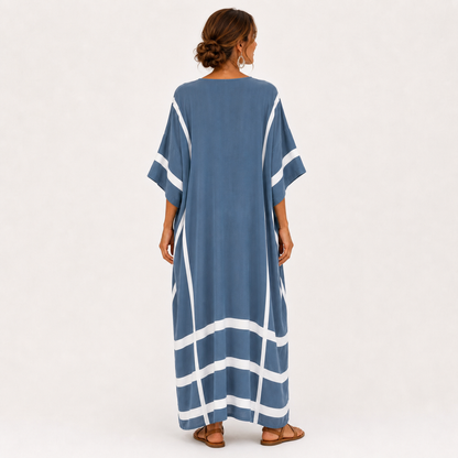 Cléo | Caftan Long à Rayures Bleues