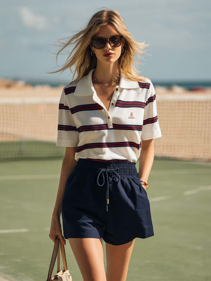 Casual Retro Athletic Striped Polo Shirt And Cotton-Linen Shorts Set