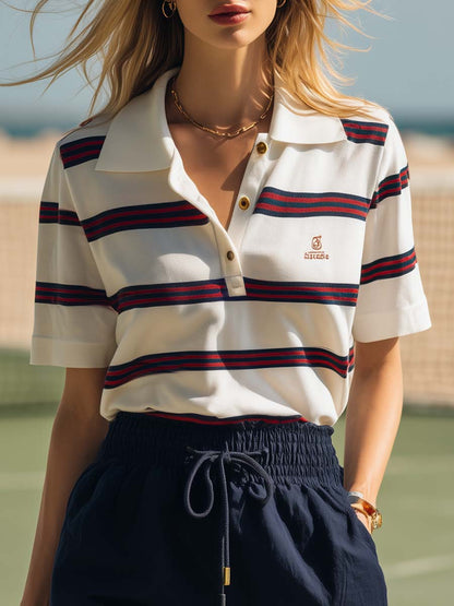 Casual Retro Athletic Striped Polo Shirt And Cotton-Linen Shorts Set