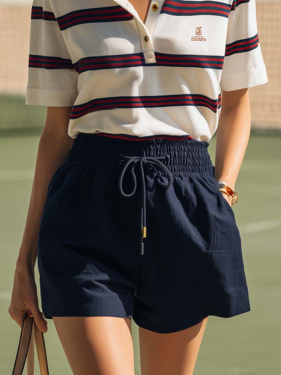 Casual Retro Athletic Striped Polo Shirt And Cotton-Linen Shorts Set