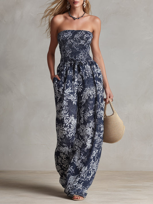 Elegant Urban Style Detachable Straps Navy Botanical-Print Chiffon Off-the-Shoulder Jumpsuit