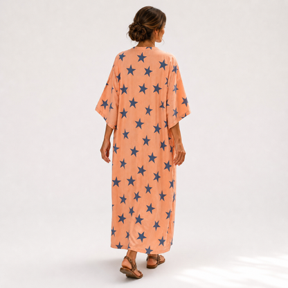 Luna | Caftan Corail Imprimé Étoiles