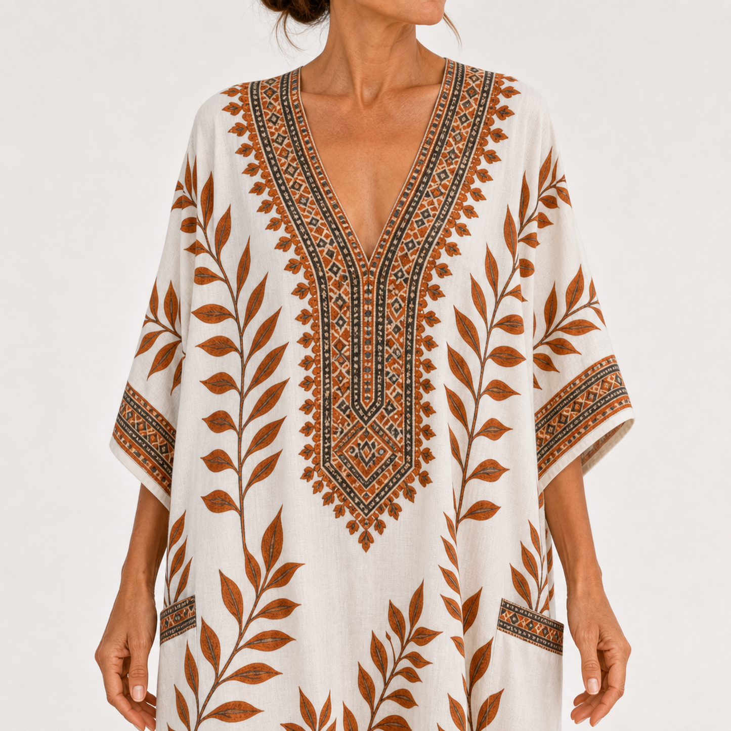 Elena | Caftan Crème à Imprimé Botanique