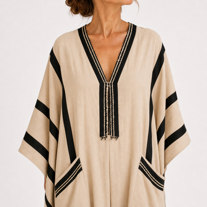 Salma | Caftan Beige à Rayures Noires