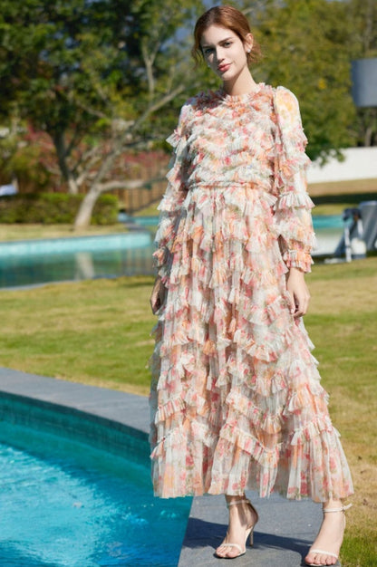 Robe Maxi en Tulle Imprimé à Froufrous Floraux