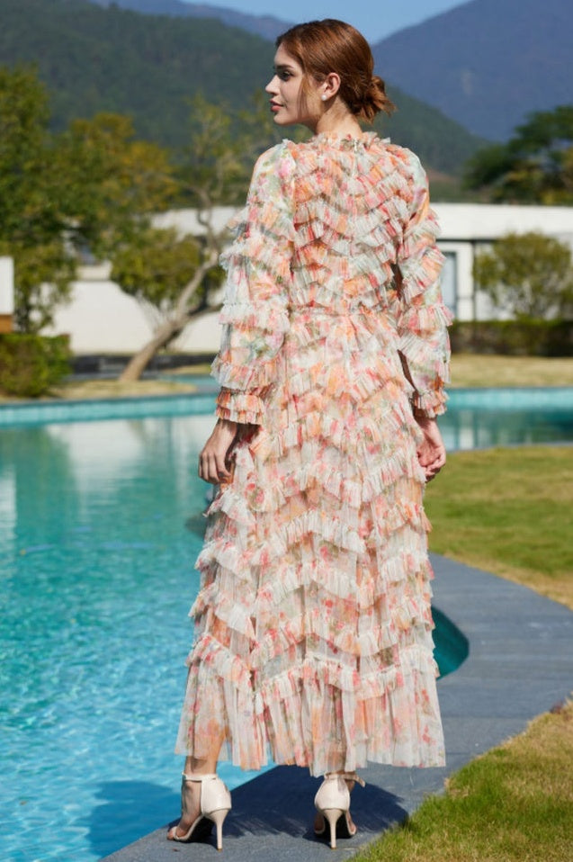 Robe Maxi en Tulle Imprimé à Froufrous Floraux