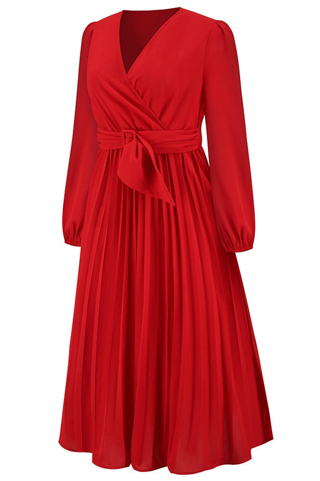 Robe V à Col en V avec Ceinture Plissée