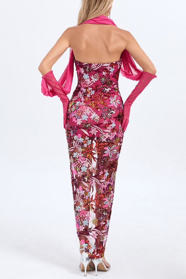 Robe Maxi Brodée de Fleurs en Sequins Buz