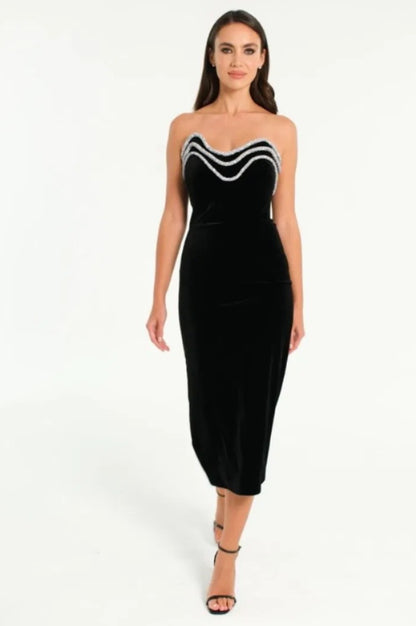 Robe Midi Sans Bretelles à Détails en Cristal
