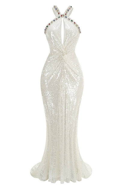 Robe Maxi à Sequin Blanc Bobbie Halter
