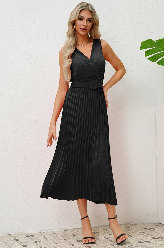 Robe Sans Manches Plissée avec Ceinture