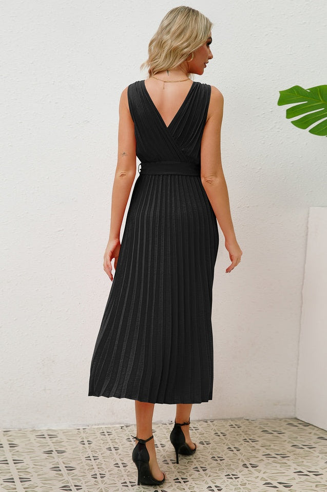 Robe Sans Manches Plissée avec Ceinture