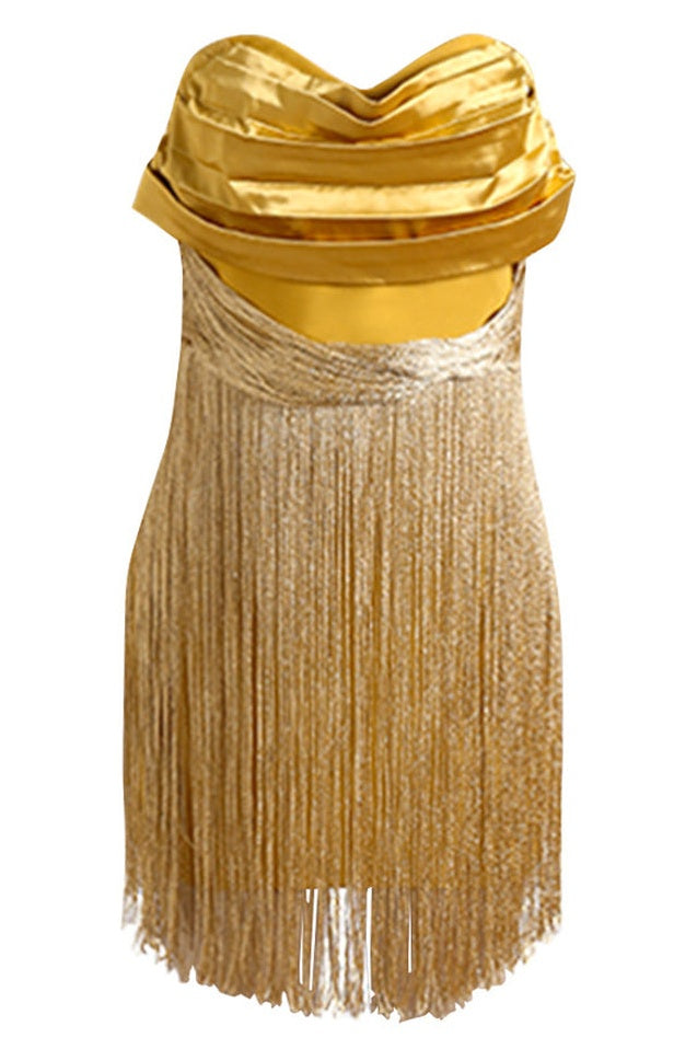 Robe en Soie Jaune à Volants avec Détails Frangés