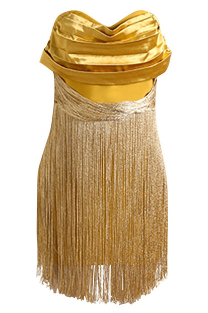 Robe en Soie Jaune à Volants avec Détails Frangés