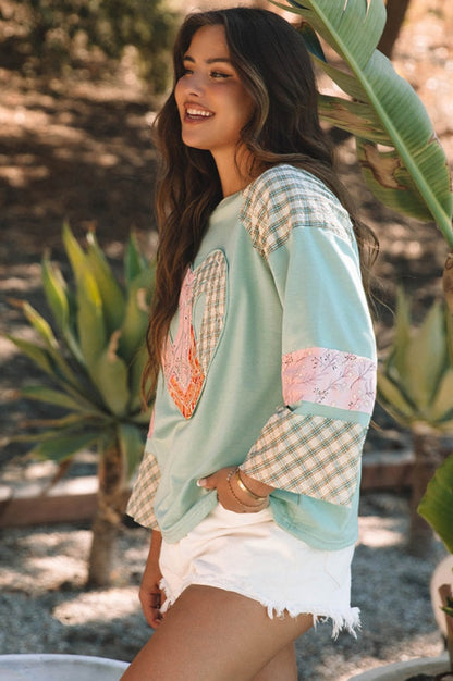 Haut à Manches Longues en Patchwork Floral en Forme de Coeur