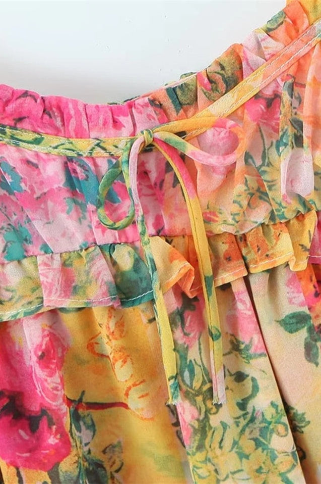 Robe Mini Empire Taille Haute en Chiffon Imprimé Floral
