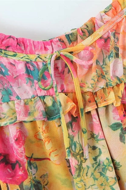 Robe Mini Empire Taille Haute en Chiffon Imprimé Floral