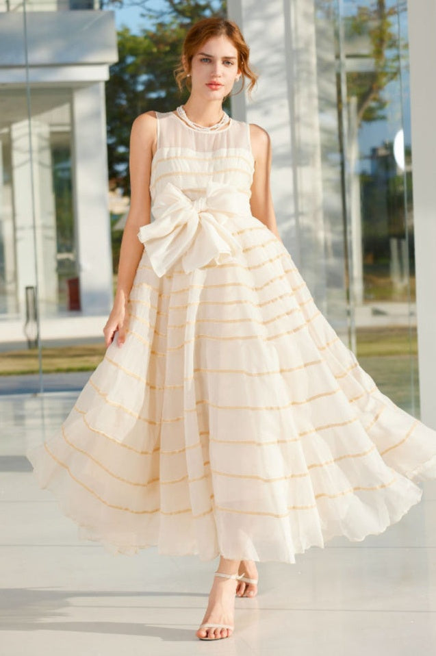 Robe Longue Maxi à Col Rond avec Nœud Papillon - Révier Paris