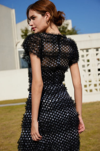 Robe Maxi en Tulle à Volants Superposés et Paillettes