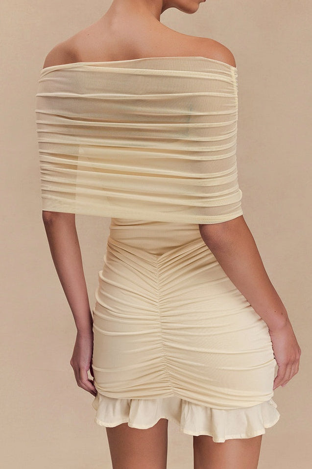 Robe Mini Évasée en Mesh et Satin à Épaules Dénudées