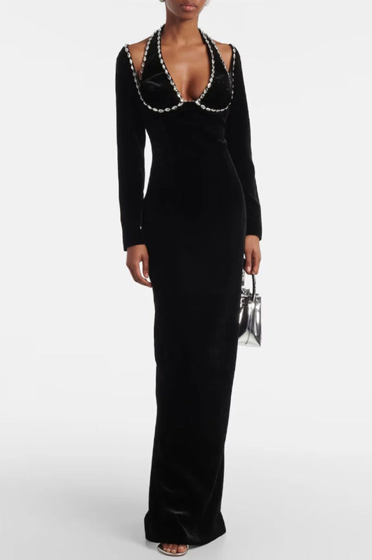 Robe Longue à Manches avec Finitions en Cristal - Révier Paris