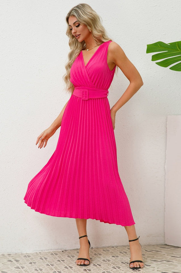 Robe Sans Manches Plissée avec Ceinture