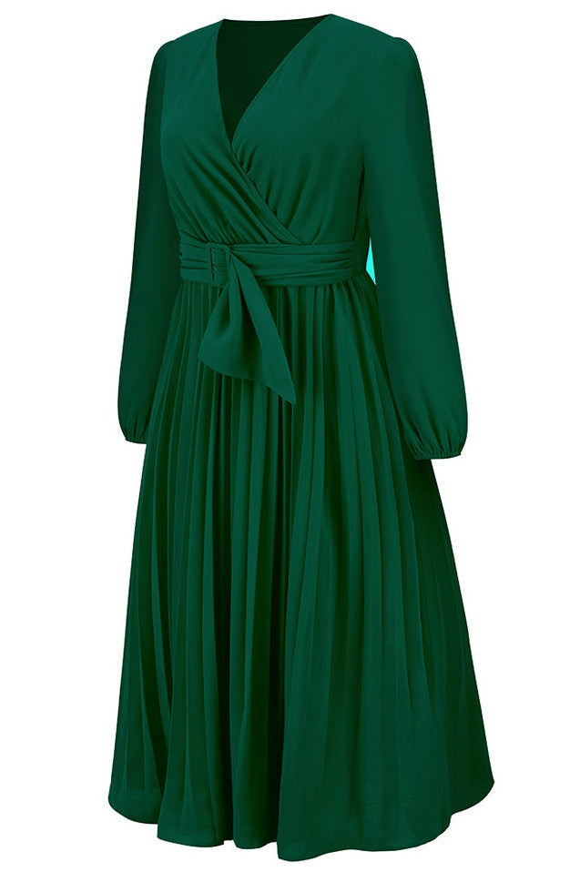 Robe V à Col en V avec Ceinture Plissée