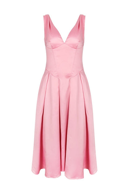Robe Midi Satinée à Décolleté V Profond et Taille Cintrée