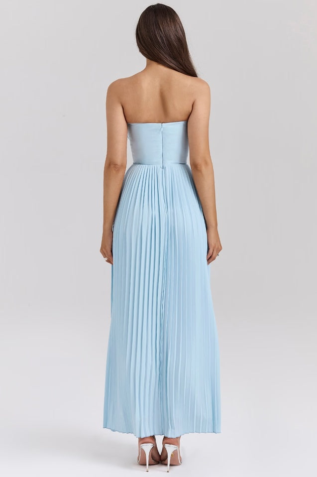Robe Maxi Plissée Évasée de Luxe en Bleu Océan Marcella
