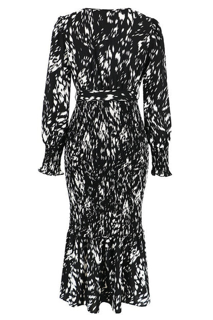 Robe Midi Smockée Imprimée à Col V