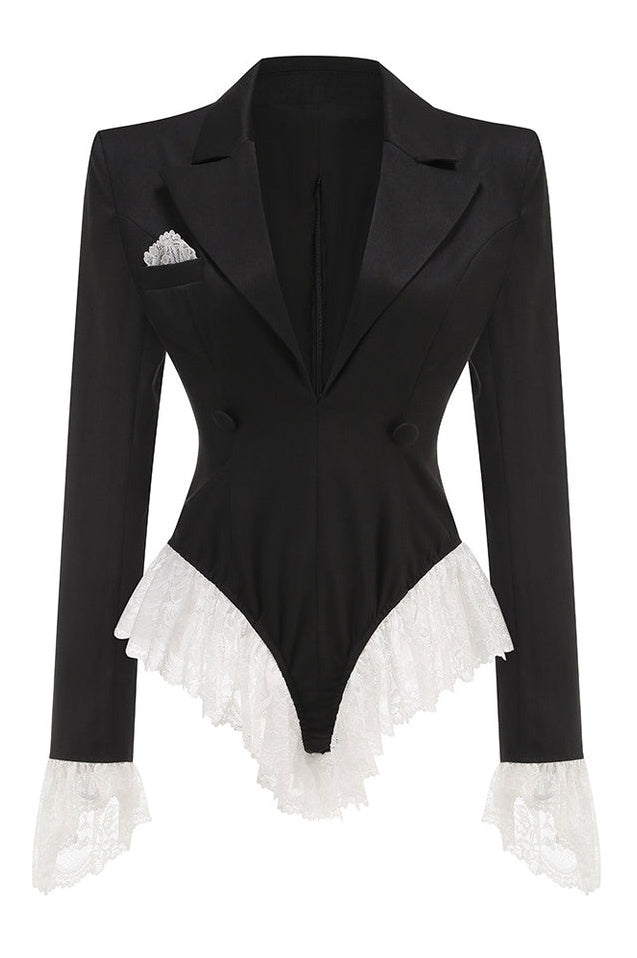 Blazer Évasé en Dentelle Brodée à Décolleté en V