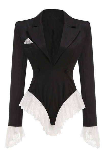 Blazer Évasé en Dentelle Brodée à Décolleté en V