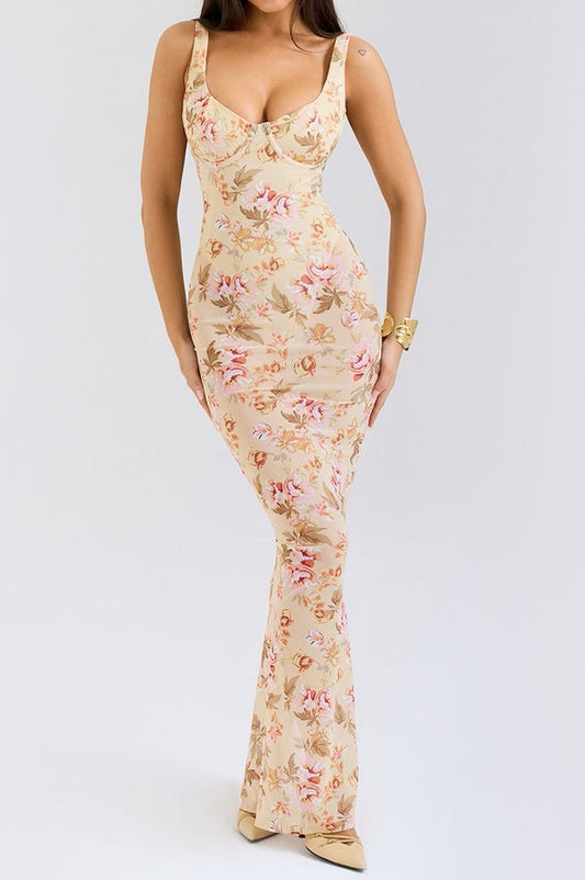 Robe Longue Évasée à Corsage Bustier Floral - Révier Paris