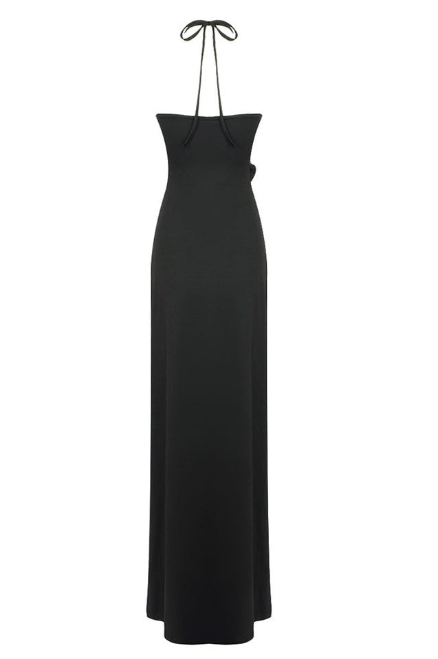 Robe Maxi Évasée à Col Halter, Découpes et Fronces