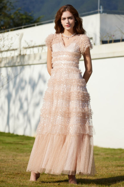 Robe Maxi en Tulle à Volants Superposés et Paillettes