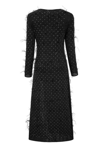 Robe Maxi Évasée avec Fente et Finition en Plume Synthétique Brodée de Strass