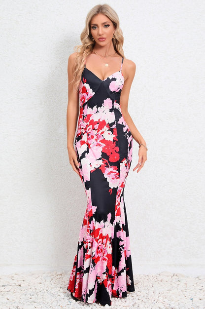 Robe de Soirée Brodée à Bretelles Croisées et Coupe Sirène