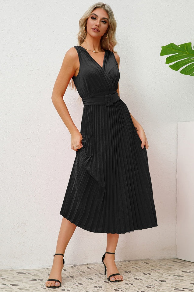 Robe Sans Manches Plissée avec Ceinture